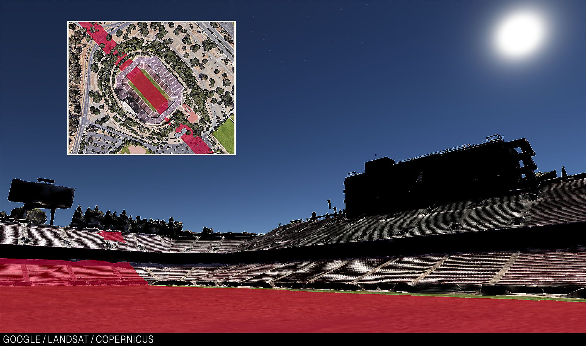 Stanford’s home stadium with the sun overhead.