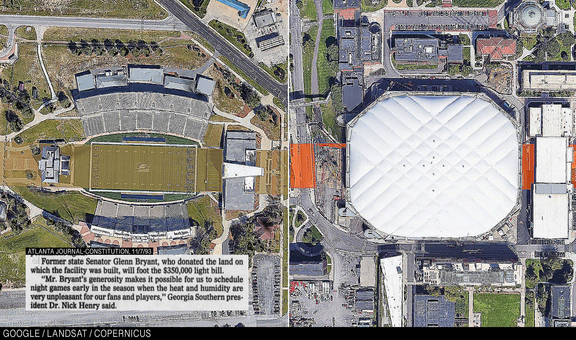 Birds-eye views of Georgia Southern’s Paulson Stadium and Syracuse’s Carrier Dome.