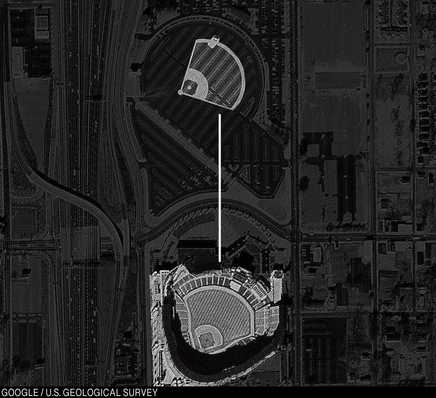 Birds-eye view of Atlanta-Fulton County Stadium and Turner Field.