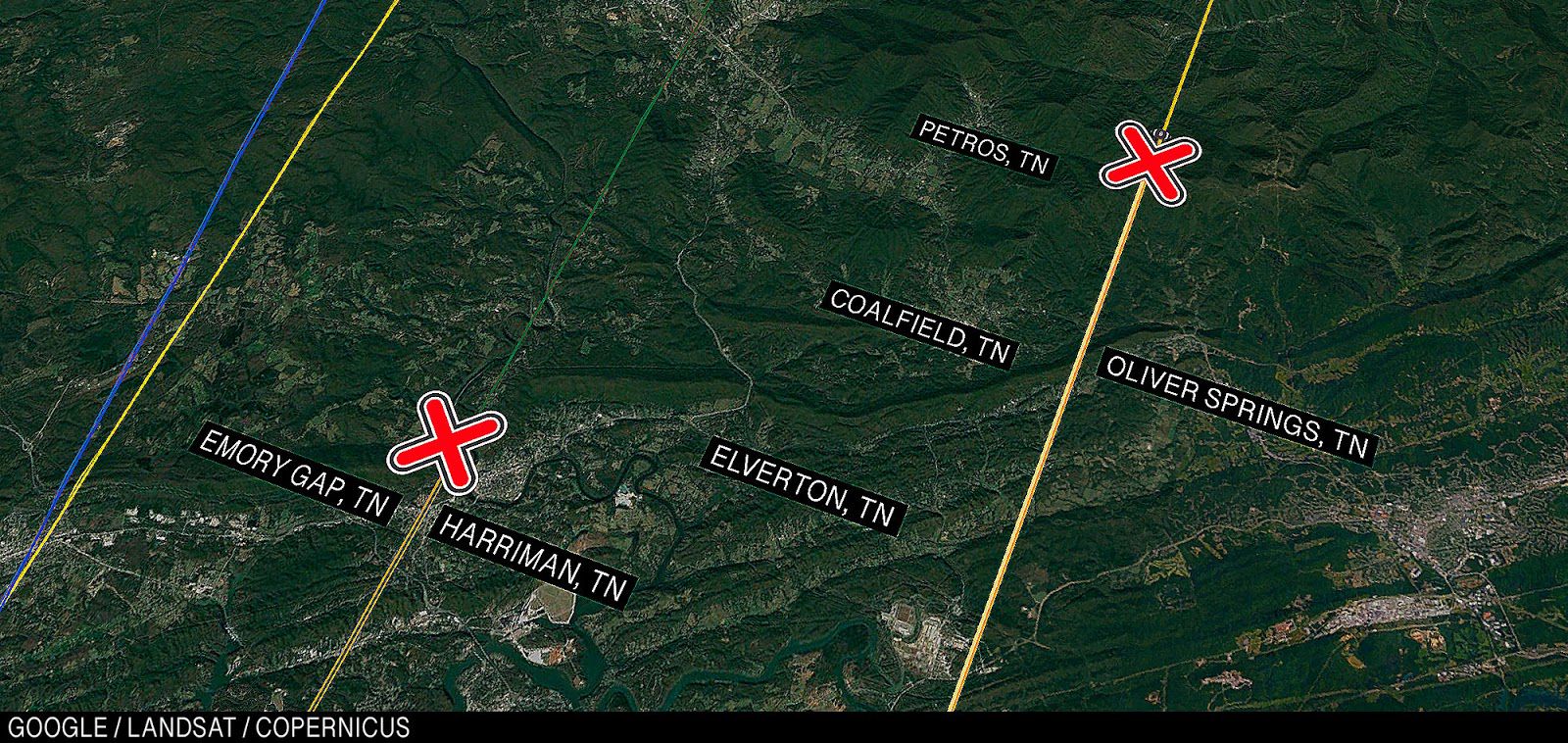 Map showing Nick’s location near Petros, Tennessee, and Manny’s location in Emory Gap, Tennessee.