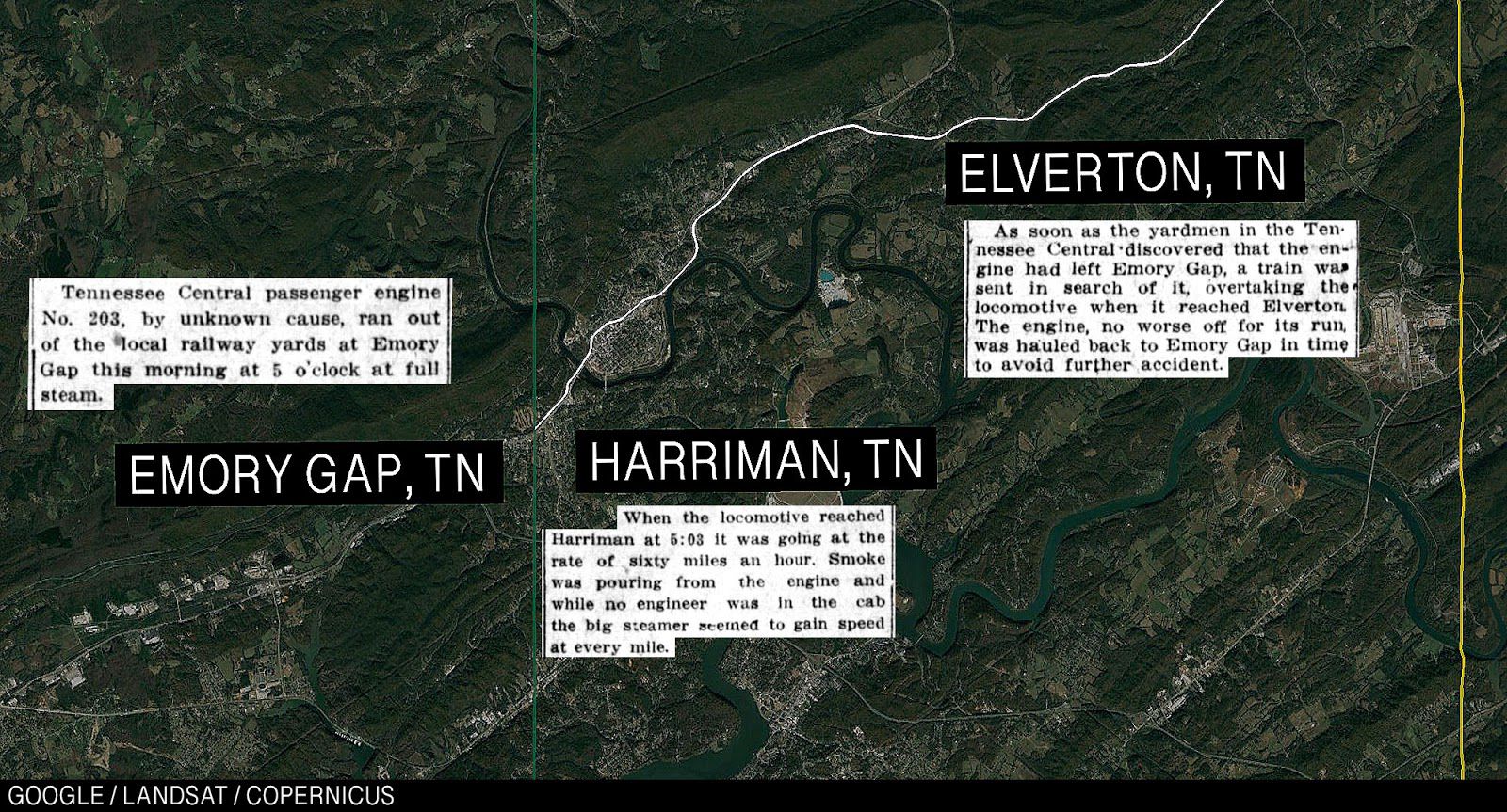 Same newspaper article, detailing that a ghost train left Emory Gap without a driver, was going 60 MPH at one point, and eventually stopped in Elverton.