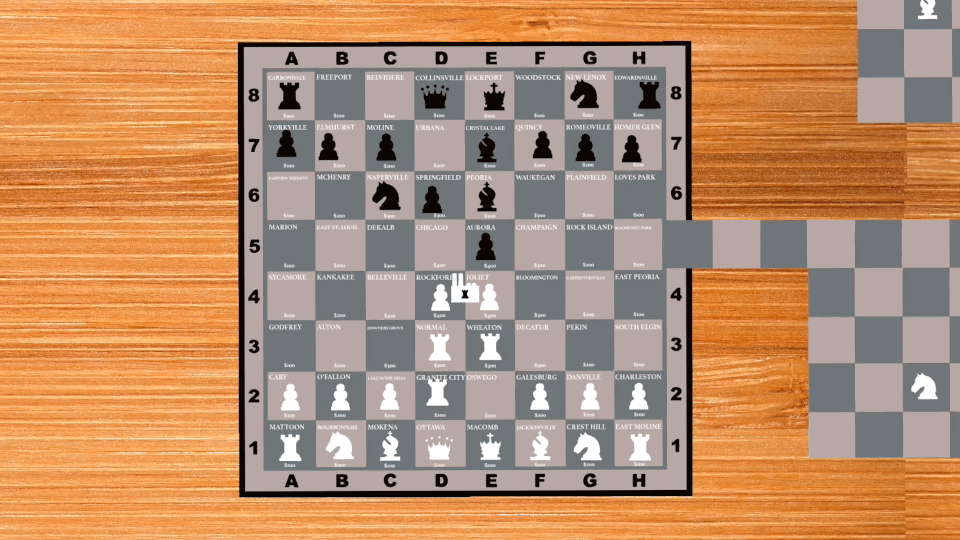 Animation: The chess board expands to include a maze-like series of squares to the side.