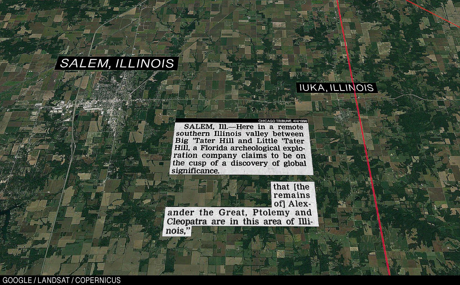 Overhead view of Iuka with a newspaper clipping from 1996, explaining that an exploration company claims that “the remains of Alexander the Great, Ptolemy and Cleopatra are in this area of Illinois.”