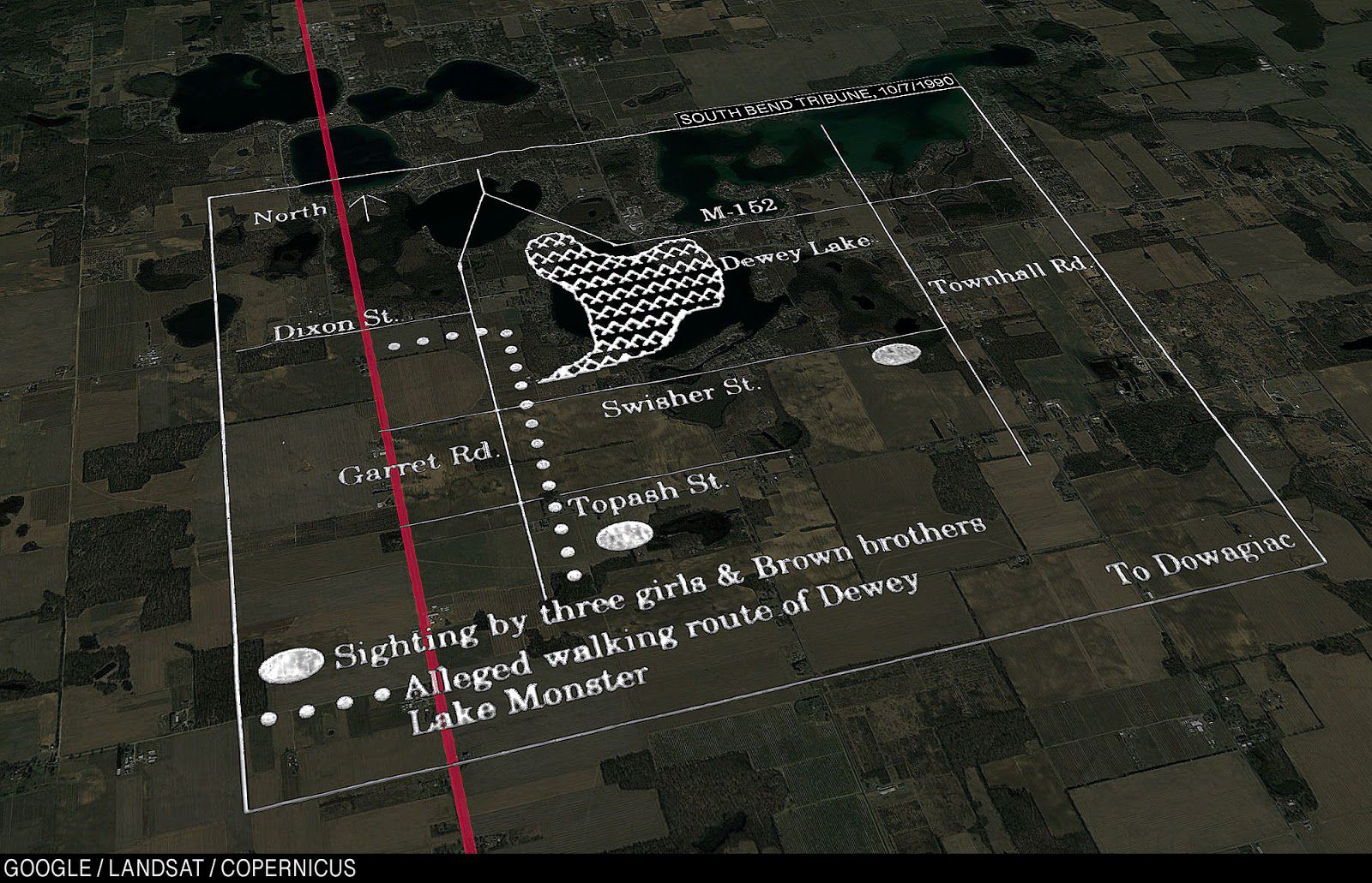 Map displaying the alleged walking route of the Dewey Lake Monster and reported sightings.