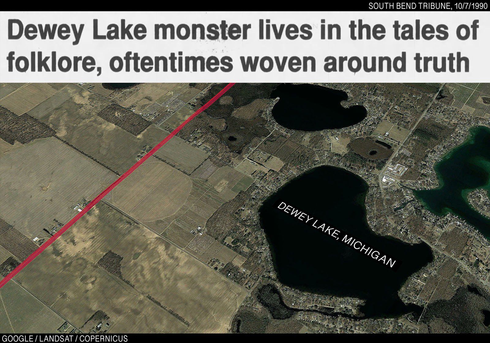 Map of Troy’s field as it passes near Dewey Lake in Michigan. A newspaper headline reads, “Dewey Lake Monster lives in the tales of folklore, oftentimes woven around truth.”