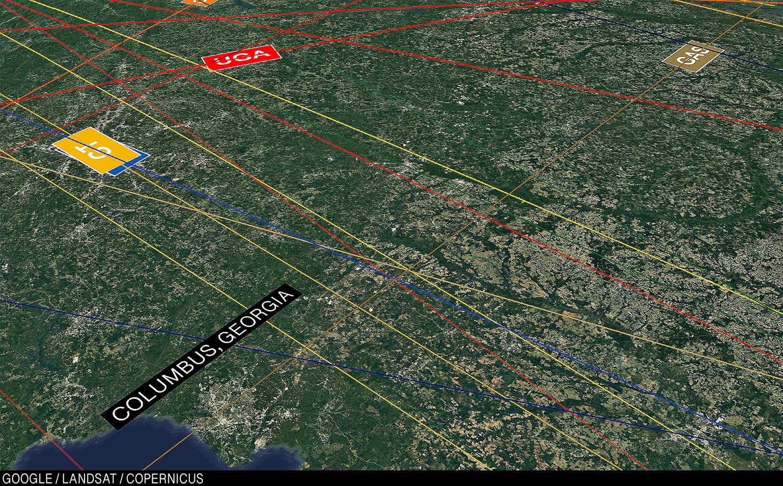 Overhead view of Georgia Southern’s field as it passes through Columbus, Georgia.