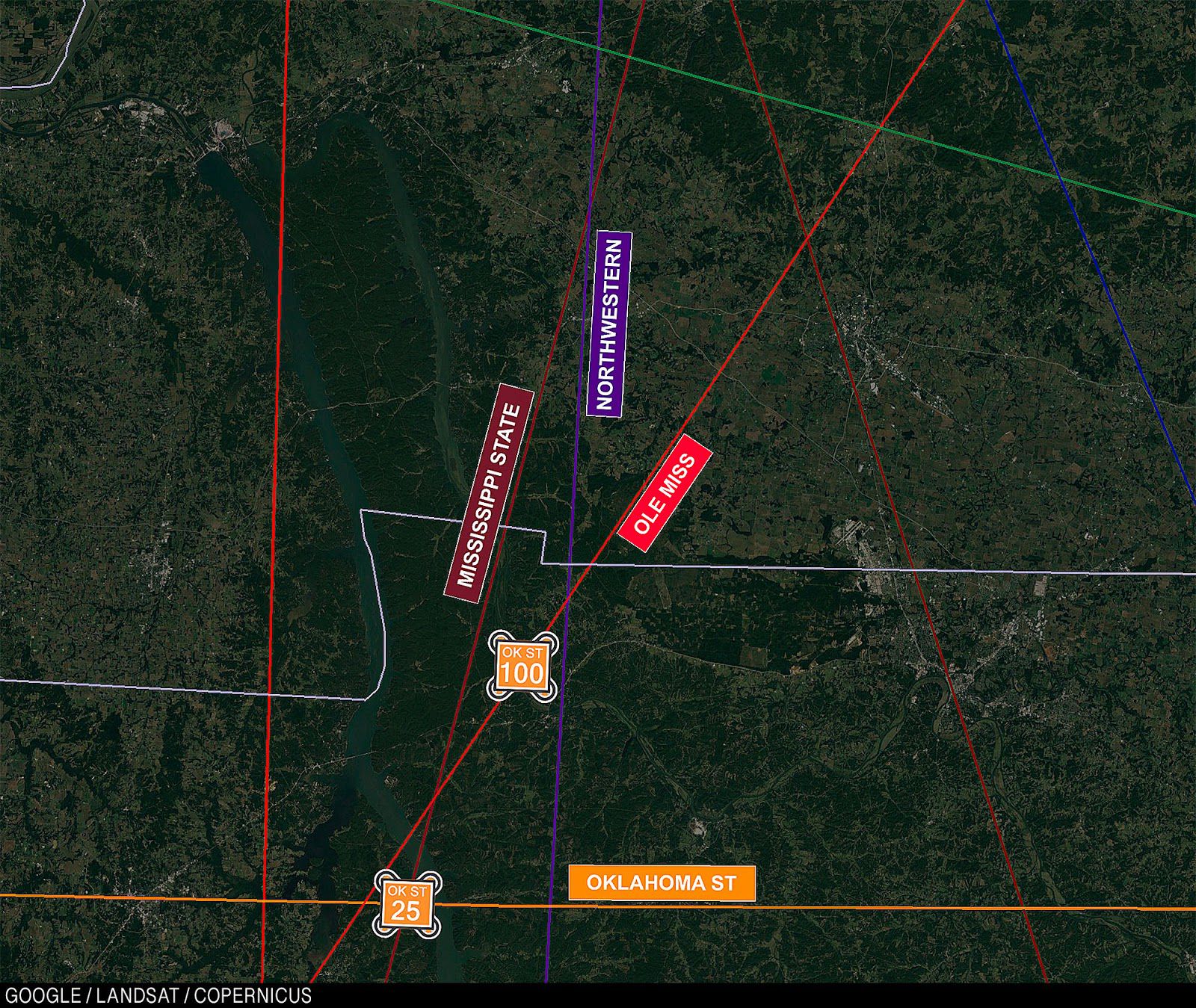 Map showing that Oklahoma State’s 100-player squad is coming very close to the Ole Miss-Northwestern intersection.