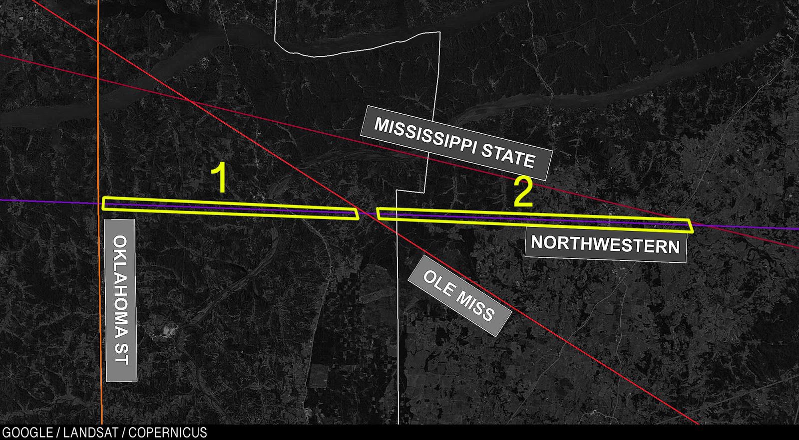 Map with Coach E’s notes on top, highlighting two zones on Northwestern’s field. Zone 1 sits between the fields of Oklahoma State and Ole Miss; Zone 2 sits between the fields of Ole Miss and Mississippi State.