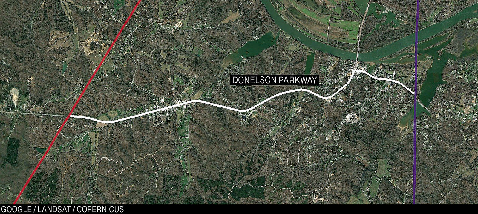 Map highlighting Donelson Parkway, the road on which Nick is running, which connects the fields of Northwestern and Ole Miss.